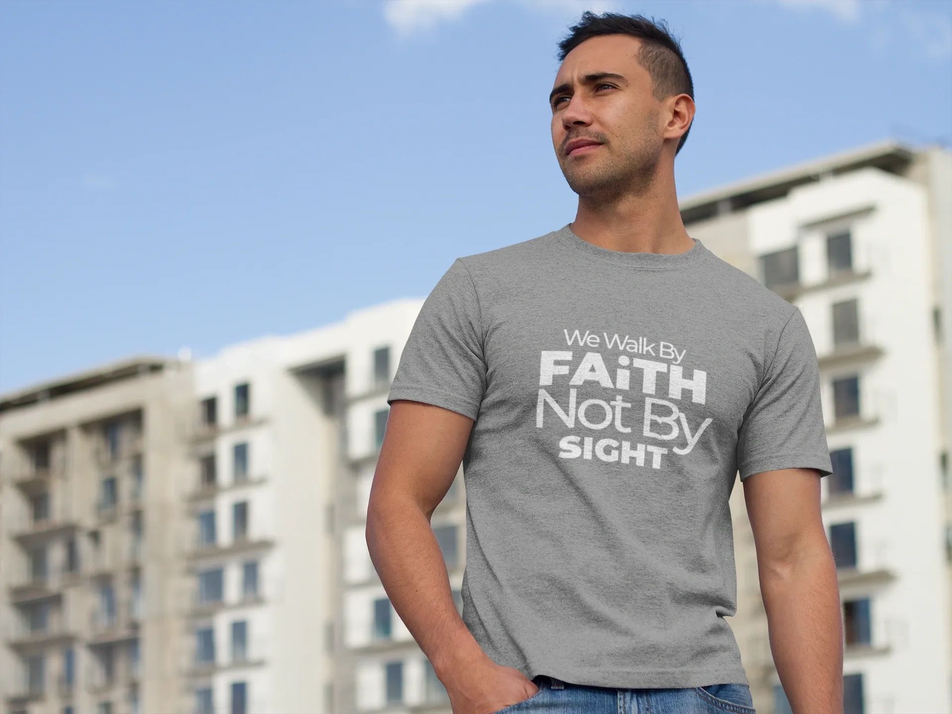 Man wearing faith t-shirt — We Walk By Faith Not By Sight